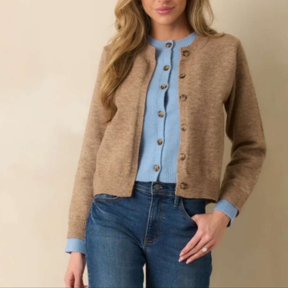 Entro Faux Layered Button Front Knit Cardigan Light Mocha and Blue NWT Size Med.